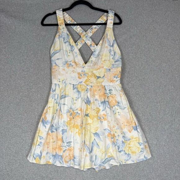 New Abercrombie & Fitch Women's Large Blue Yellow Romper Floral Fit to Flatter - Picture 1 of 11